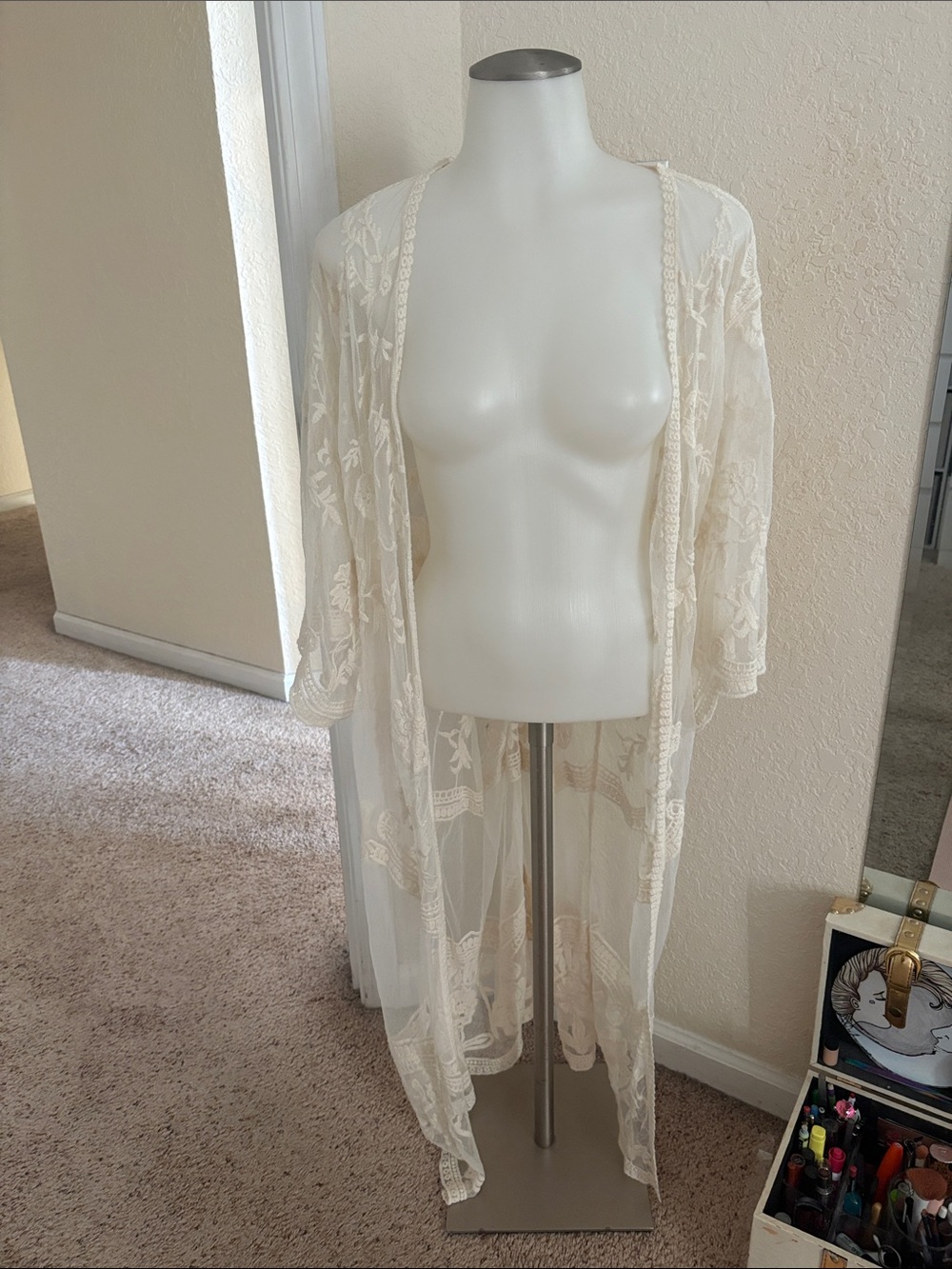 Sheer Lace Robe - Cream Long Duster